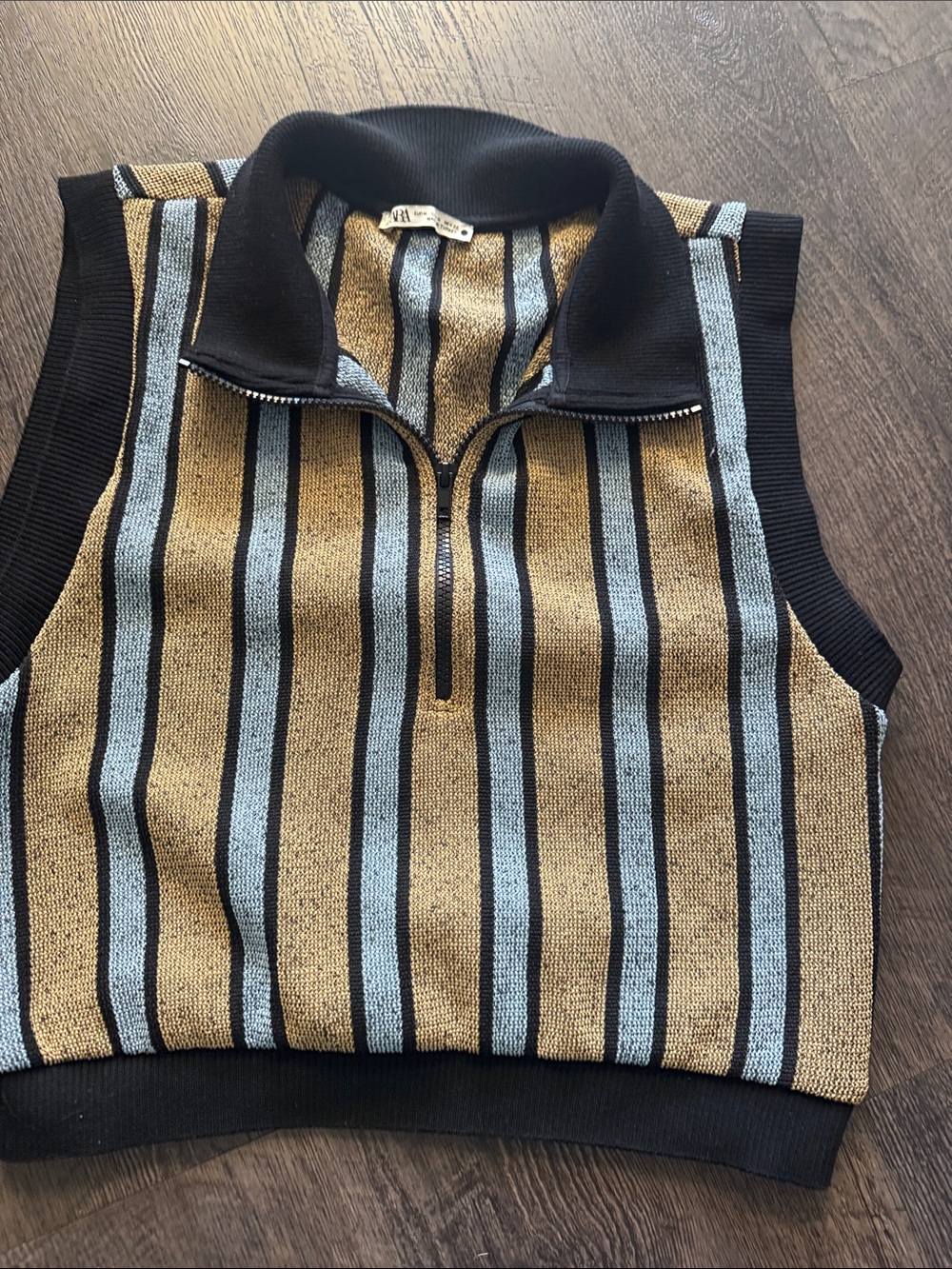 Striped Zip-Up Knit Vest in Gold and Light Blue